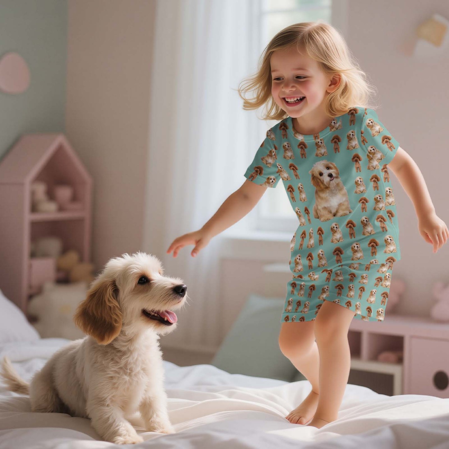 Personalisierter Rundhals-kurzpyjama Mit Tiermotiv (gesicht Und Name), Personalisiertes Pyjama-set Für Kinder - 