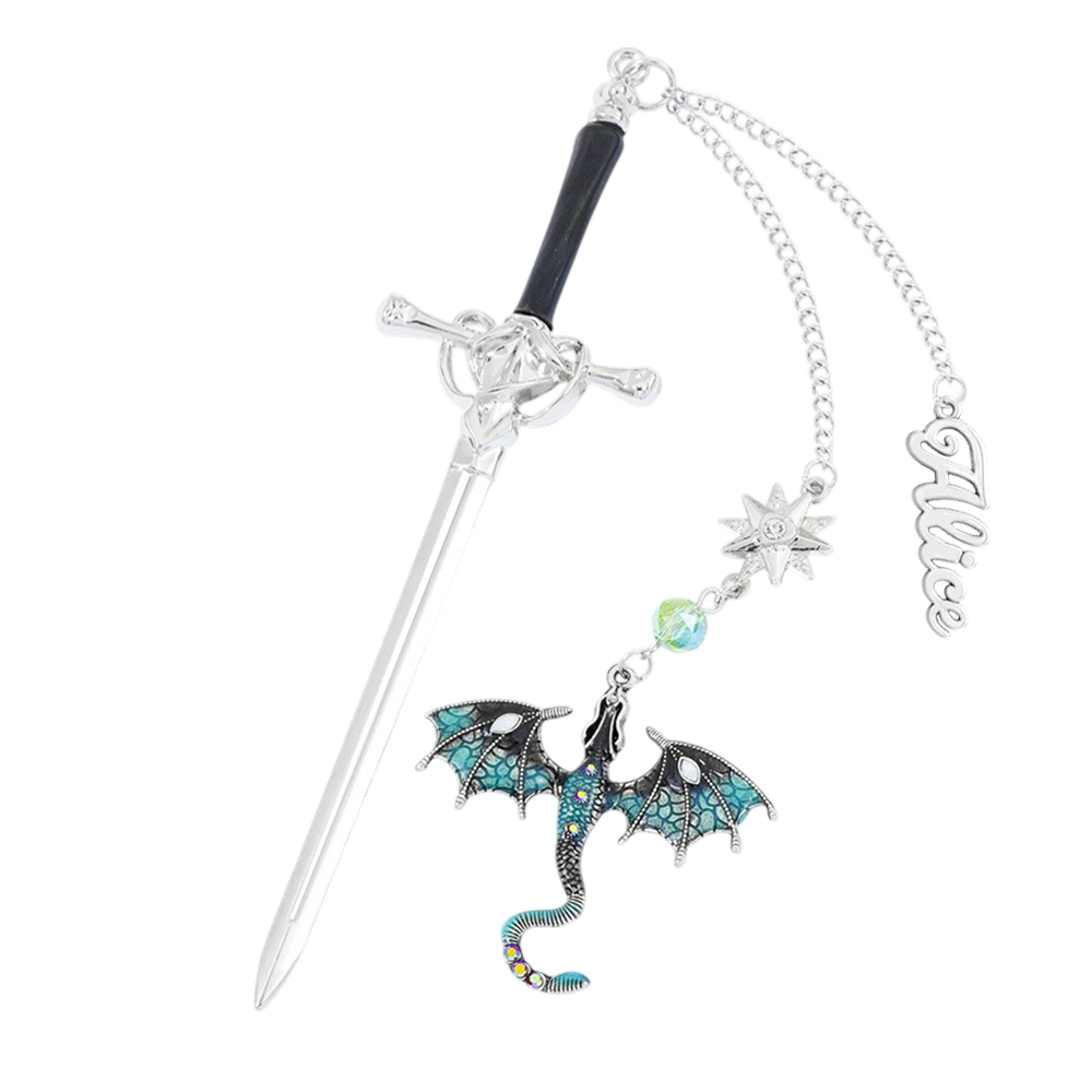 Personalisiertes Lesezeichen Mit Drachenschwert – Personalisierter Name, Fantasy-anhänger Mit Geflügeltem Drachen, Metall, Geschenk Für Buchliebhaber - 