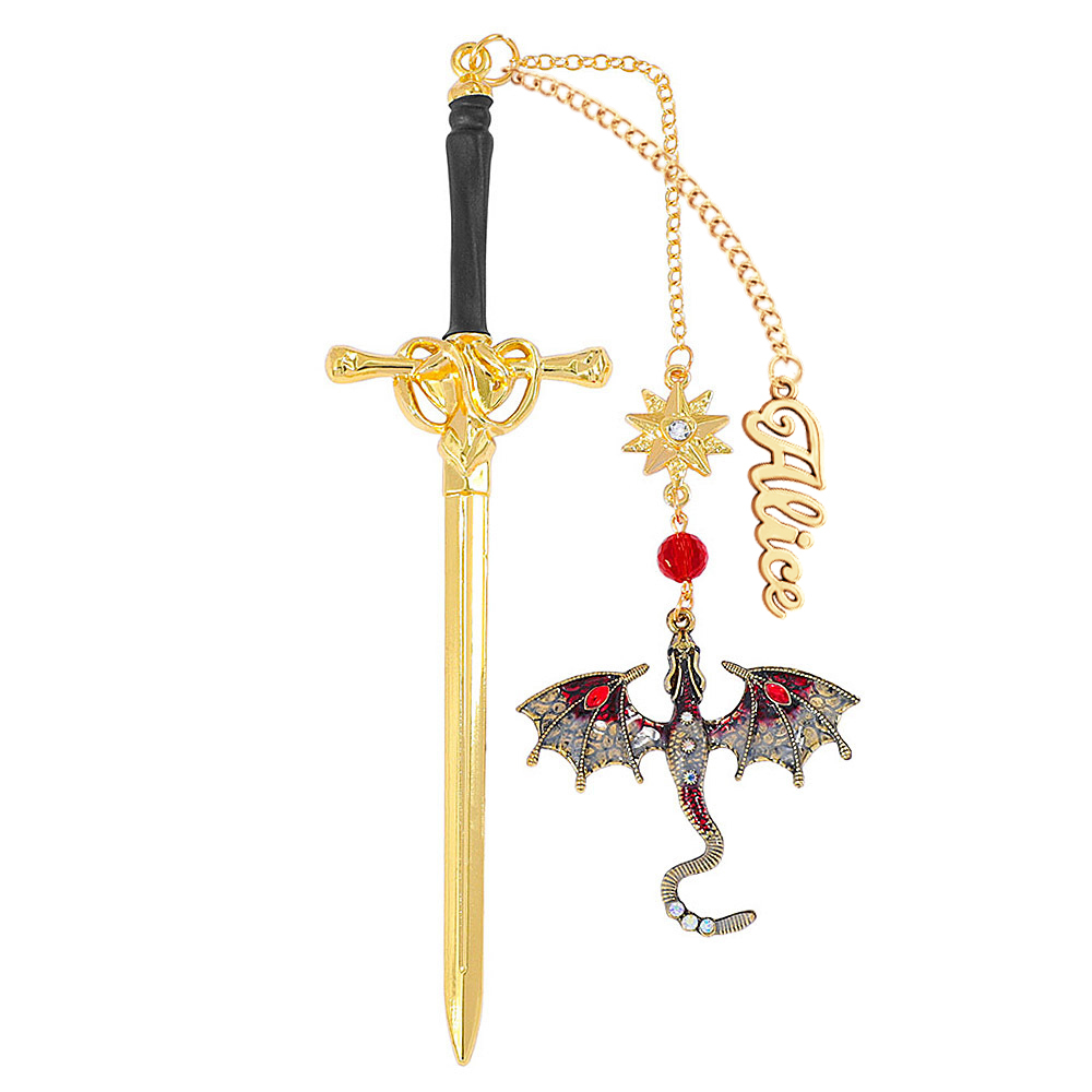 Personalisiertes Lesezeichen Mit Drachenschwert – Personalisierter Name, Fantasy-anhänger Mit Geflügeltem Drachen, Metall, Geschenk Für Buchliebhaber - 