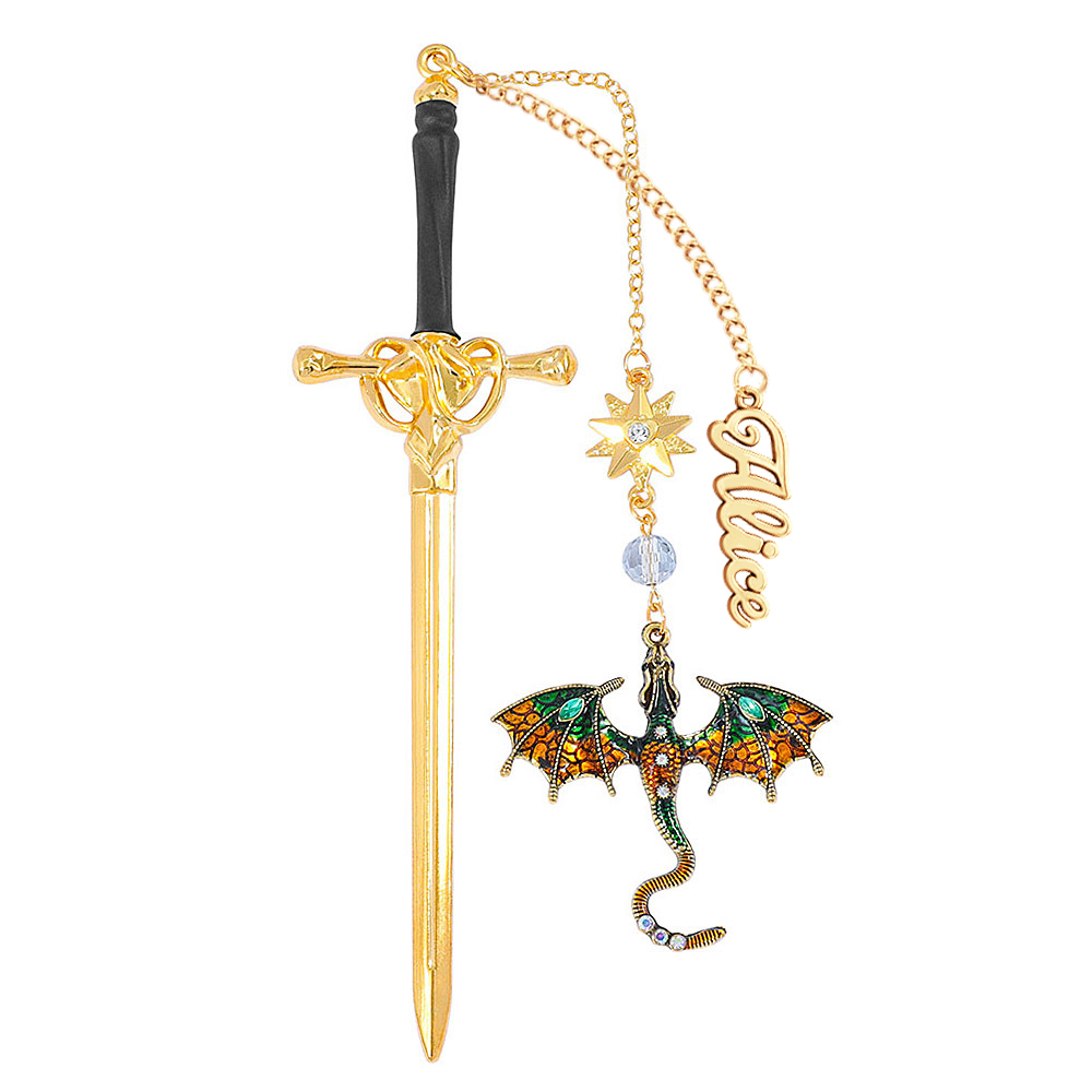 Personalisiertes Lesezeichen Mit Drachenschwert – Personalisierter Name, Fantasy-anhänger Mit Geflügeltem Drachen, Metall, Geschenk Für Buchliebhaber - 