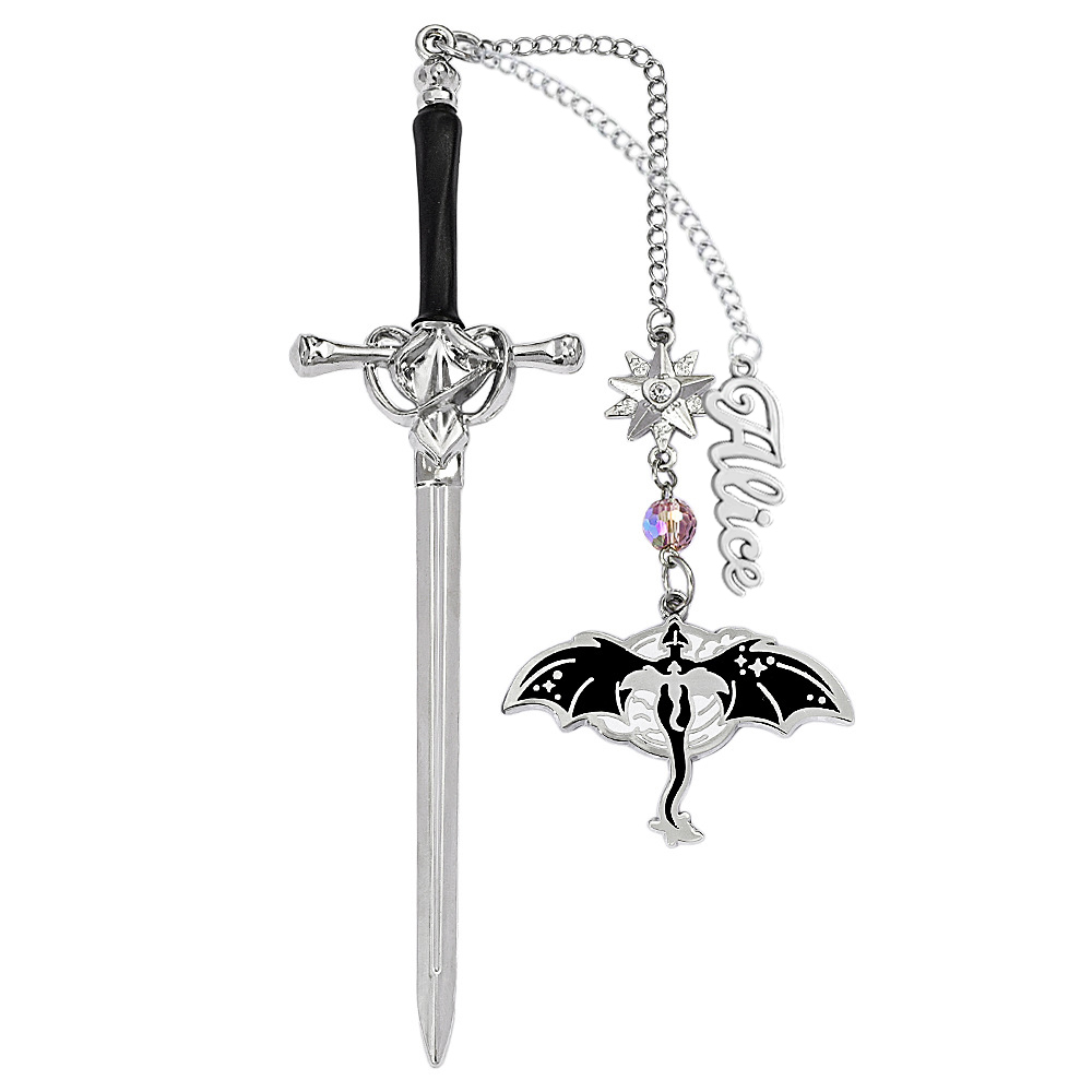 Personalisiertes Lesezeichen Mit Drachenschwert – Personalisierter Name, Fantasy-anhänger Mit Geflügeltem Drachen, Metall, Geschenk Für Buchliebhaber - 