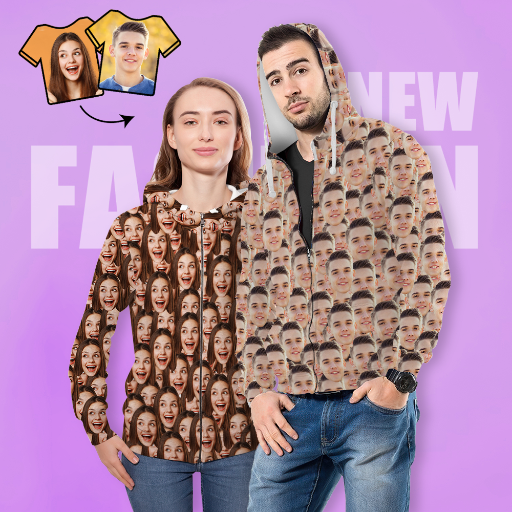 Unisex-hoodie Mit Individuellem Fotodruck, Lässiger Kapuzenpullover Mit Reißverschluss Für Damen Und Herren – Mash Face – Neu - 