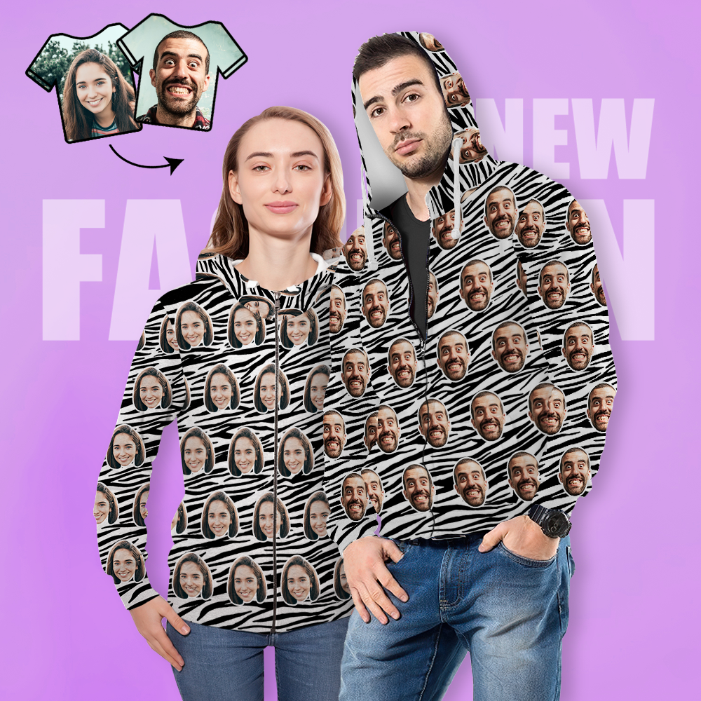 Unisex-hoodie Mit Individuellem Fotodruck, Lässiger Kapuzenpullover Mit Reißverschluss Für Damen Und Herren – Zebrastreifen - 