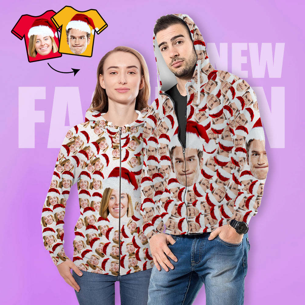 Weihnachtsgeschenk: Personalisierbarer „mein Gesicht"-paar-hoodie Mit Foto-reißverschluss – Großes Gesicht - 