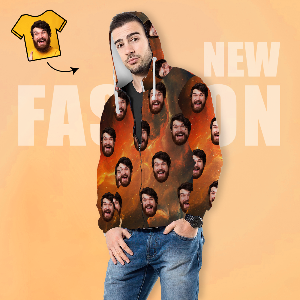 Unisex-hoodie Mit Individuellem Gesichtsdruck, Lässiger Kapuzenpullover Mit Reißverschluss Für Damen Und Herren - Universum - 