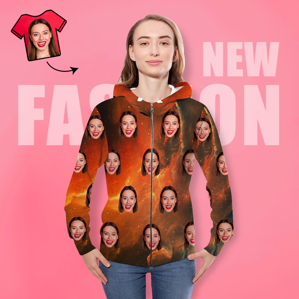 Unisex-hoodie Mit Individuellem Gesichtsdruck, Lässiger Kapuzenpullover Mit Reißverschluss Für Damen Und Herren - Universum - 