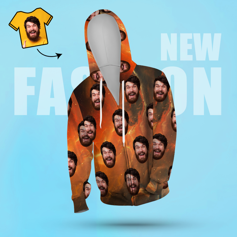 Unisex-hoodie Mit Individuellem Gesichtsdruck, Lässiger Kapuzenpullover Mit Reißverschluss Für Damen Und Herren - Universum - 