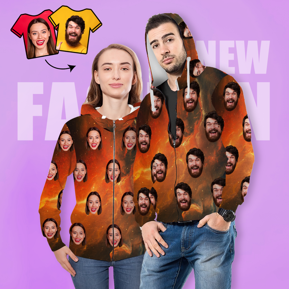 Unisex-hoodie Mit Individuellem Gesichtsdruck, Lässiger Kapuzenpullover Mit Reißverschluss Für Damen Und Herren - Universum - 