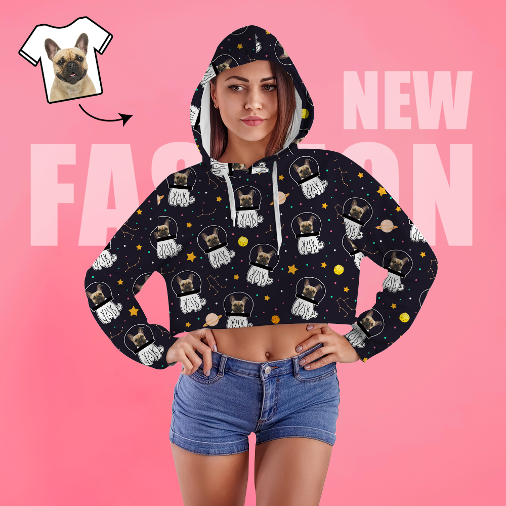 Damen-kapuzenpullover Mit Individuellem Fotodruck, Kurz Geschnitten, Schwarz – Weltraumhund - 