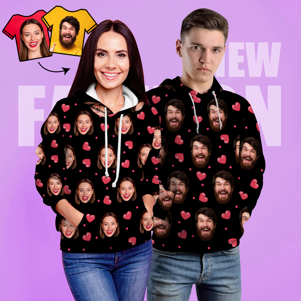 Unisex-hoodie Mit Individuellem Gesichtsdruck, Lässiger Schwarzer Hoodie Mit Fotodruck Für Damen Und Herren – Herz - 