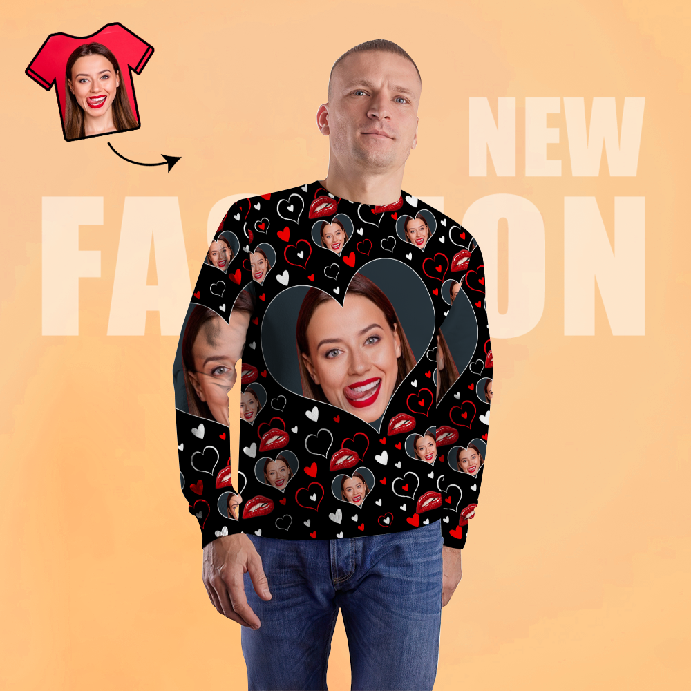 Benutzerdefiniertes Gesicht Unisex Sweatshirt Lässiges Bedrucktes Foto Schwarzes Rundhalsshirt Für Männer Frauen - Herz - 
