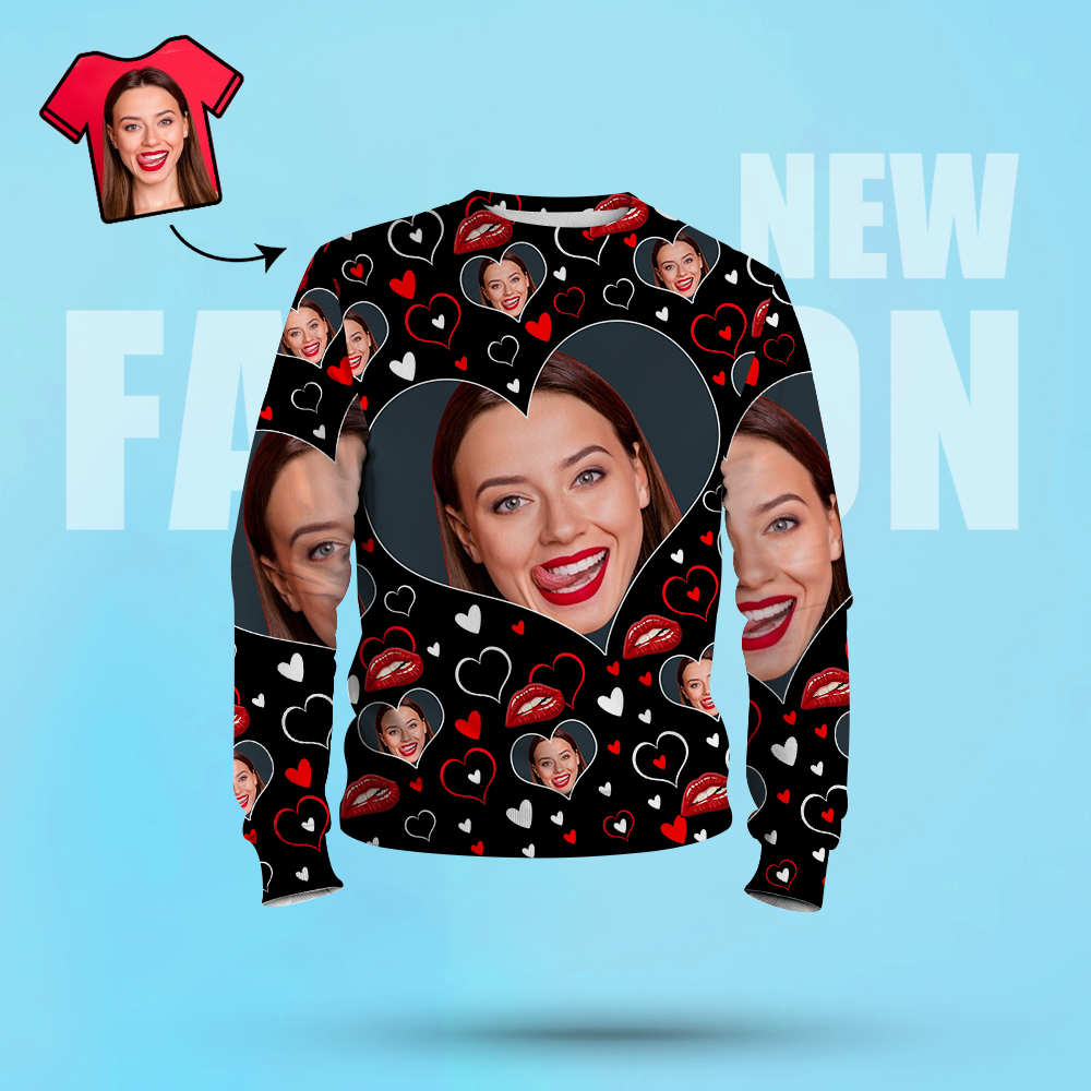 Benutzerdefiniertes Gesicht Unisex Sweatshirt Lässiges Bedrucktes Foto Schwarzes Rundhalsshirt Für Männer Frauen - Herz - 