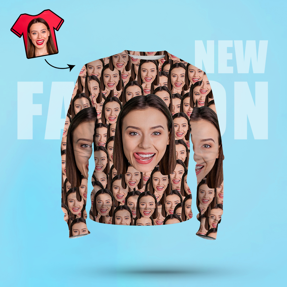 Unisex-sweatshirt Mit Individuellem Fotodruck, Lässiges Rundhals-shirt Für Damen Und Herren – Großes Gesicht - 