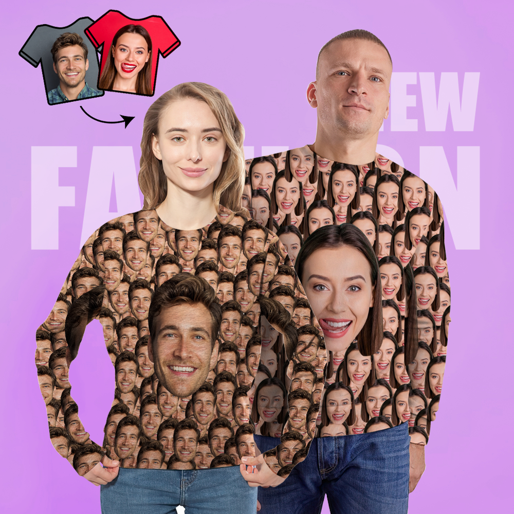 Unisex-sweatshirt Mit Individuellem Fotodruck, Lässiges Rundhals-shirt Für Damen Und Herren – Großes Gesicht - 