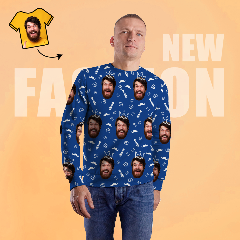 Unisex-sweatshirt Mit Individuellem Fotodruck, Lässiges Blaues Rundhals-shirt Für Damen Und Herren – „alles Gute Zum Vatertag" - 