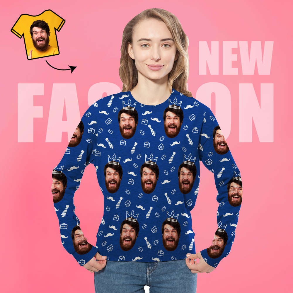 Unisex-sweatshirt Mit Individuellem Fotodruck, Lässiges Blaues Rundhals-shirt Für Damen Und Herren – „alles Gute Zum Vatertag" - 