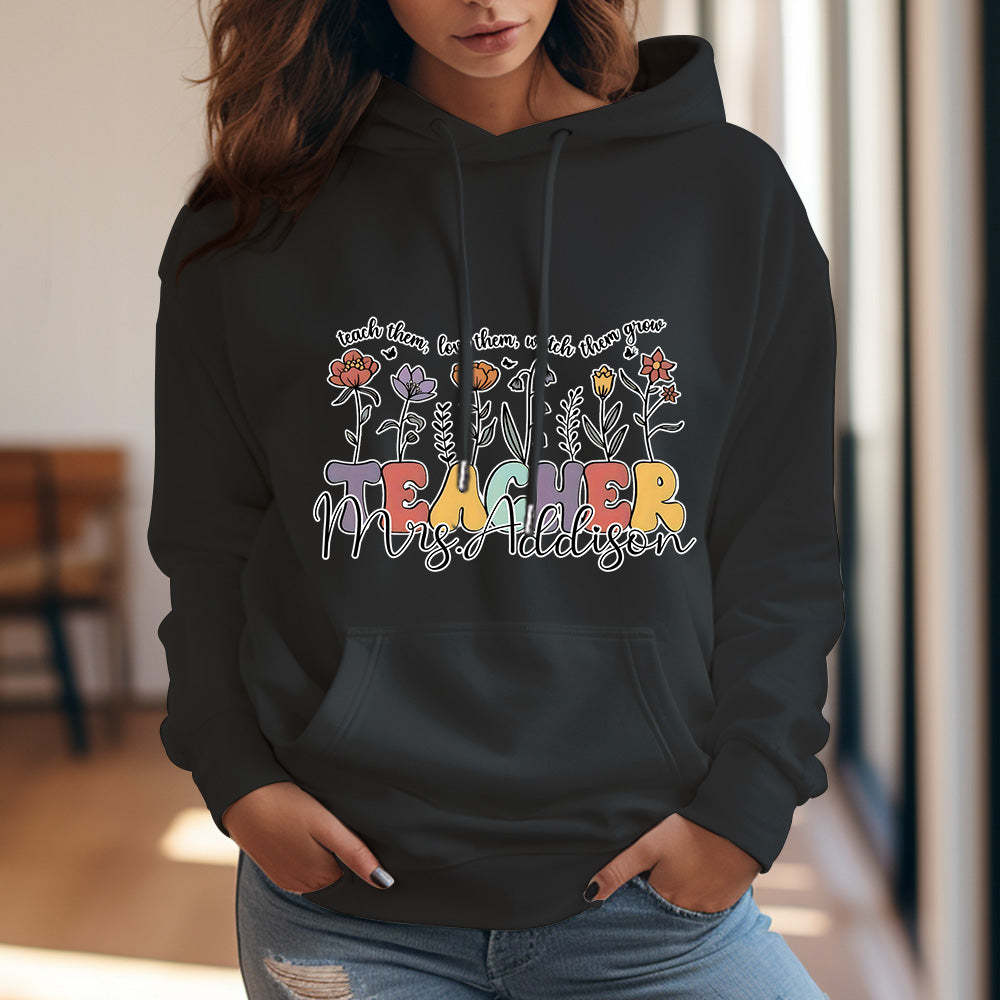 Personalisierter Kapuzenpullover Mit Wildblumenmuster, Kapuzenpullover Mit Individuellem Namen Für Lehrer, Geschenkidee Zum Schulanfang - 