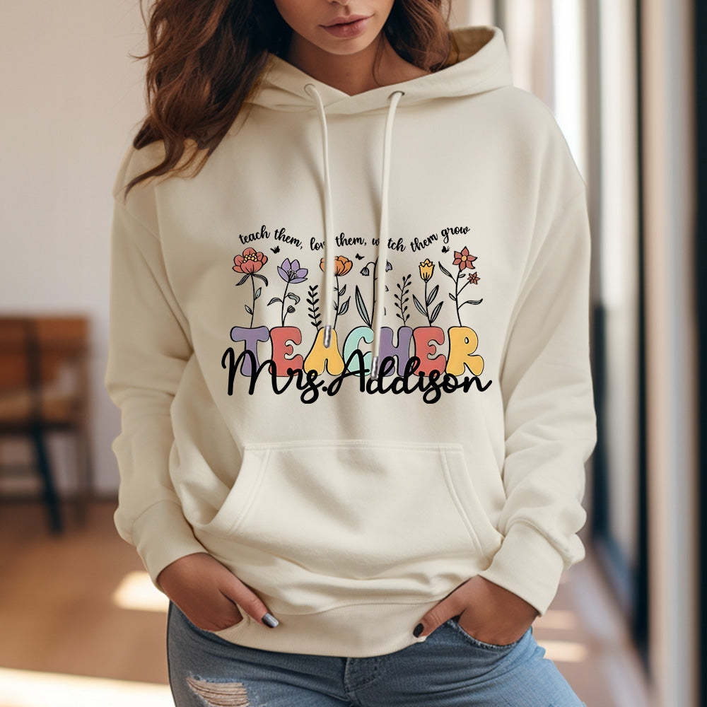 Personalisierter Kapuzenpullover Mit Wildblumenmuster, Kapuzenpullover Mit Individuellem Namen Für Lehrer, Geschenkidee Zum Schulanfang - 