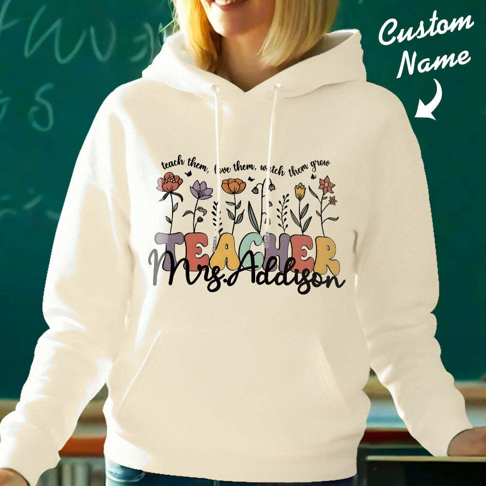 Personalisierter Kapuzenpullover Mit Wildblumenmuster, Kapuzenpullover Mit Individuellem Namen Für Lehrer, Geschenkidee Zum Schulanfang - 