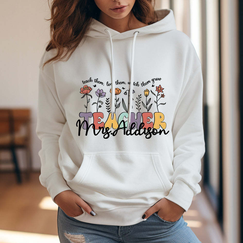 Personalisierter Kapuzenpullover Mit Wildblumenmuster, Kapuzenpullover Mit Individuellem Namen Für Lehrer, Geschenkidee Zum Schulanfang - 