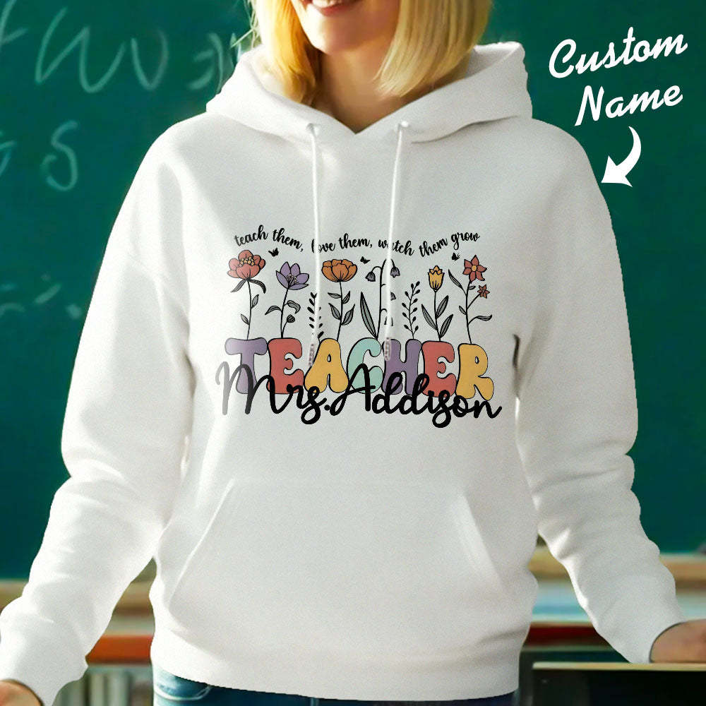 Personalisierter Kapuzenpullover Mit Wildblumenmuster, Kapuzenpullover Mit Individuellem Namen Für Lehrer, Geschenkidee Zum Schulanfang - 