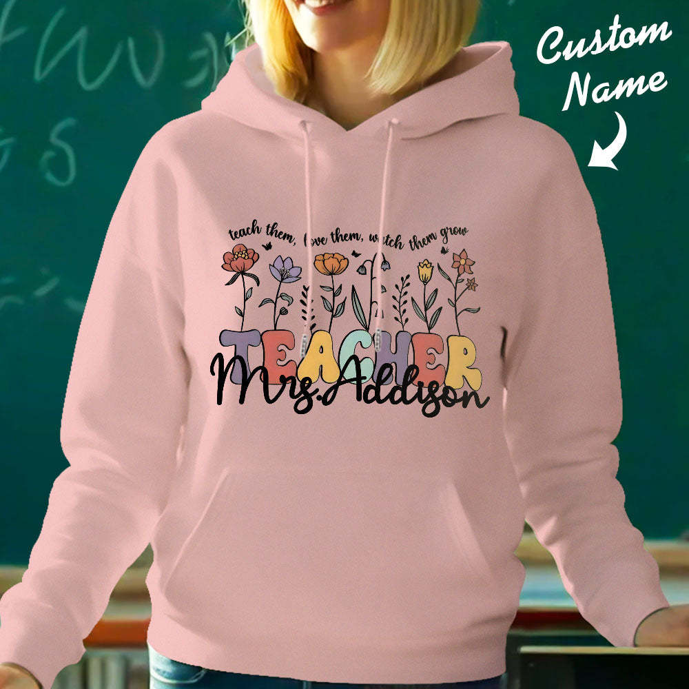 Personalisierter Kapuzenpullover Mit Wildblumenmuster, Kapuzenpullover Mit Individuellem Namen Für Lehrer, Geschenkidee Zum Schulanfang - 