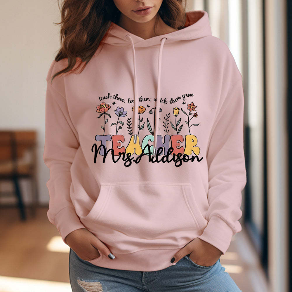 Personalisierter Kapuzenpullover Mit Wildblumenmuster, Kapuzenpullover Mit Individuellem Namen Für Lehrer, Geschenkidee Zum Schulanfang - 