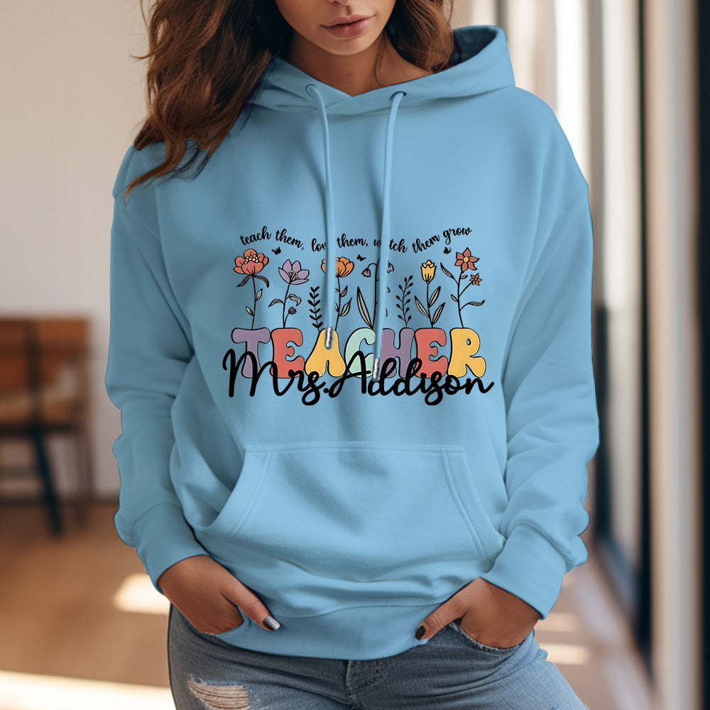 Personalisierter Kapuzenpullover Mit Wildblumenmuster, Kapuzenpullover Mit Individuellem Namen Für Lehrer, Geschenkidee Zum Schulanfang - 