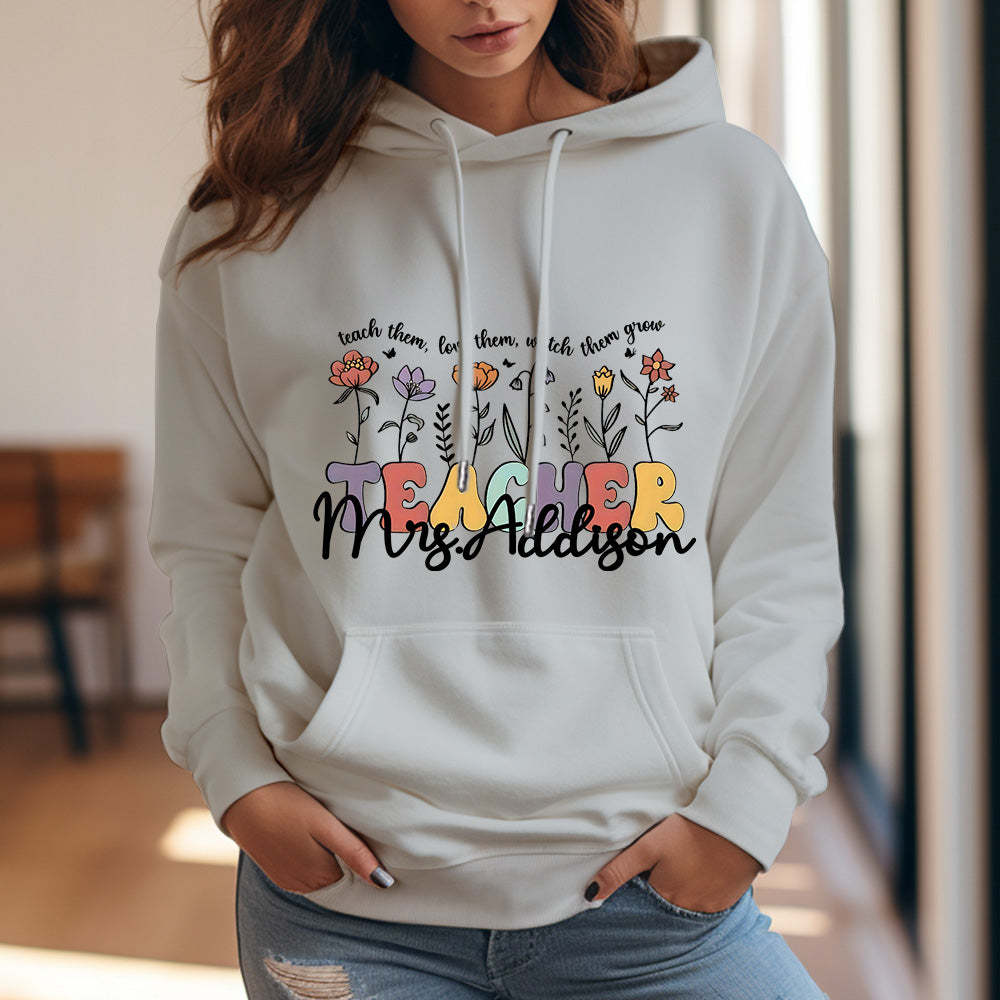 Personalisierter Kapuzenpullover Mit Wildblumenmuster, Kapuzenpullover Mit Individuellem Namen Für Lehrer, Geschenkidee Zum Schulanfang - 