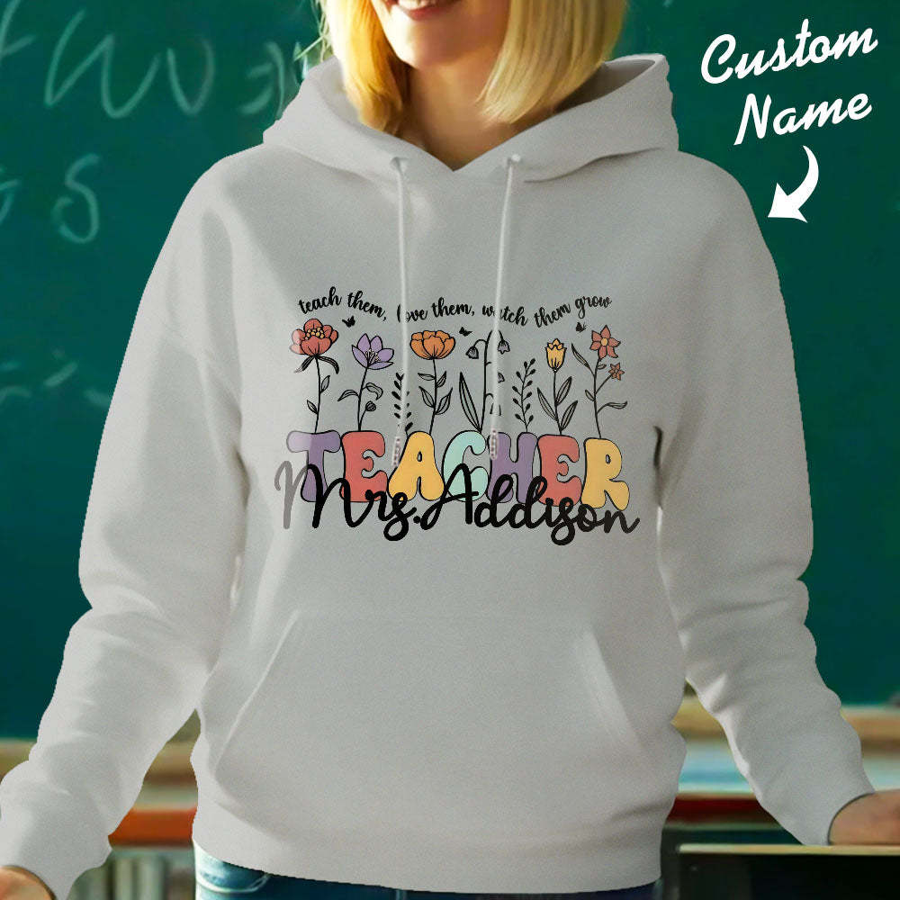 Personalisierter Kapuzenpullover Mit Wildblumenmuster, Kapuzenpullover Mit Individuellem Namen Für Lehrer, Geschenkidee Zum Schulanfang - 