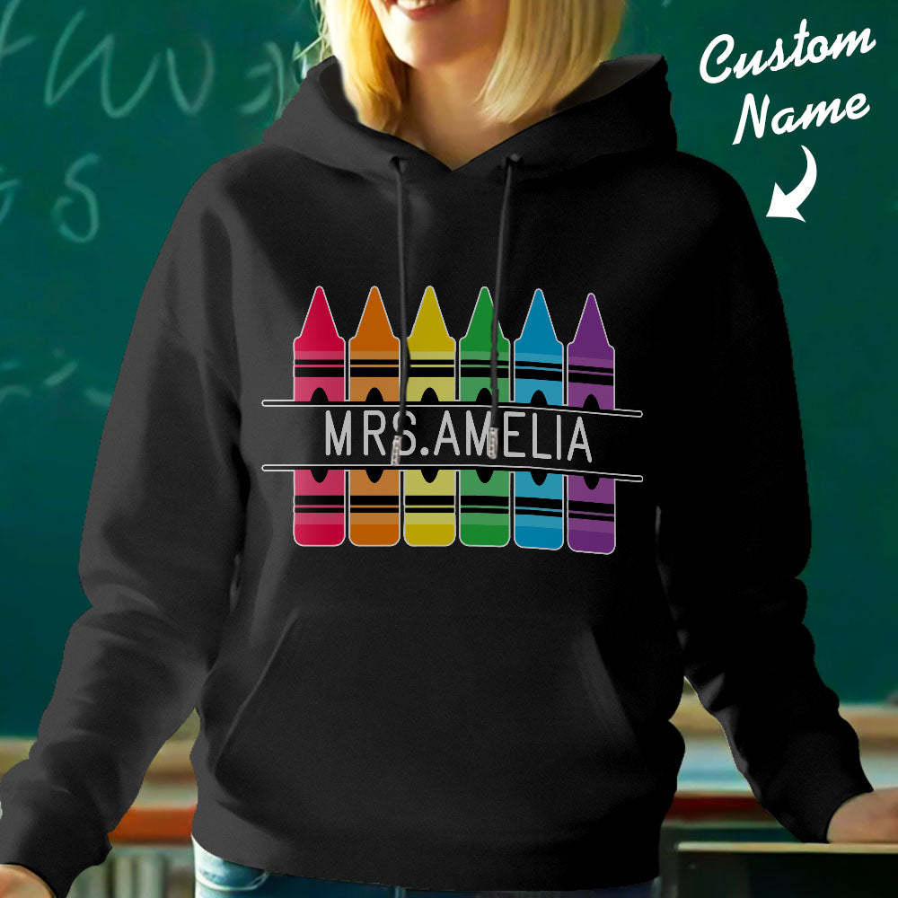 Personalisierter Kapuzenpullover Mit Buntstiftmotiv, Lehrer-kapuzenpullover Mit Individuellem Namen, Geschenkidee Zum Schulanfang - 