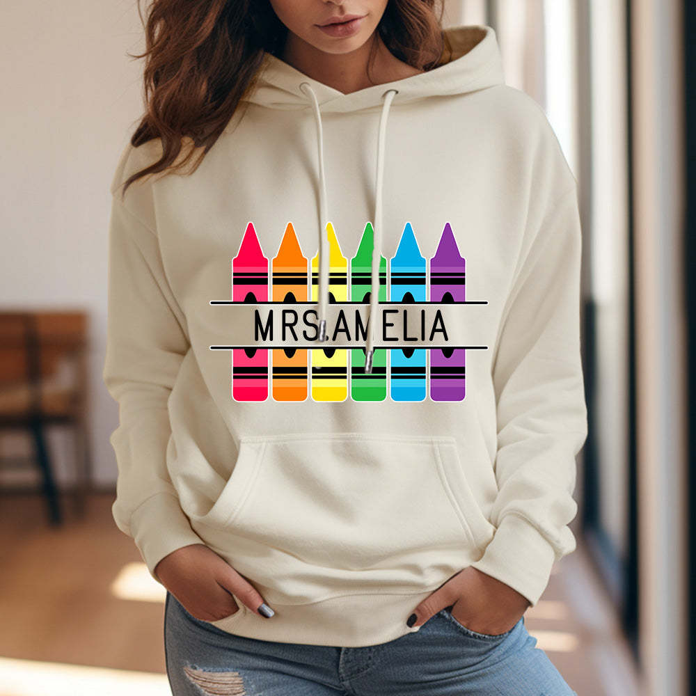 Personalisierter Kapuzenpullover Mit Buntstiftmotiv, Lehrer-kapuzenpullover Mit Individuellem Namen, Geschenkidee Zum Schulanfang - 