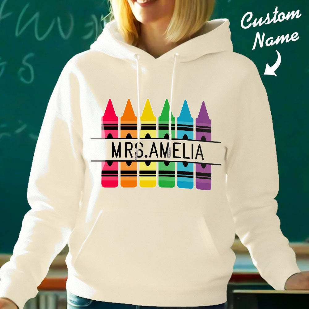 Personalisierter Kapuzenpullover Mit Buntstiftmotiv, Lehrer-kapuzenpullover Mit Individuellem Namen, Geschenkidee Zum Schulanfang - 