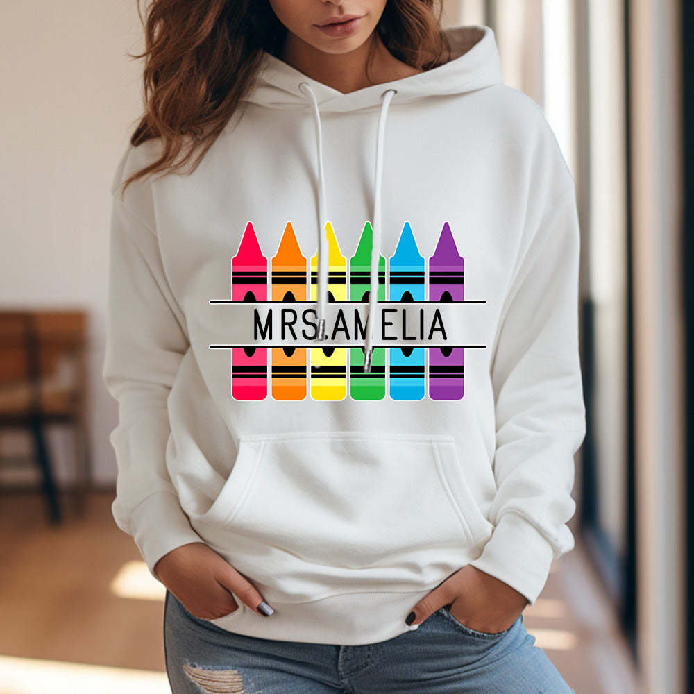 Personalisierter Kapuzenpullover Mit Buntstiftmotiv, Lehrer-kapuzenpullover Mit Individuellem Namen, Geschenkidee Zum Schulanfang - 