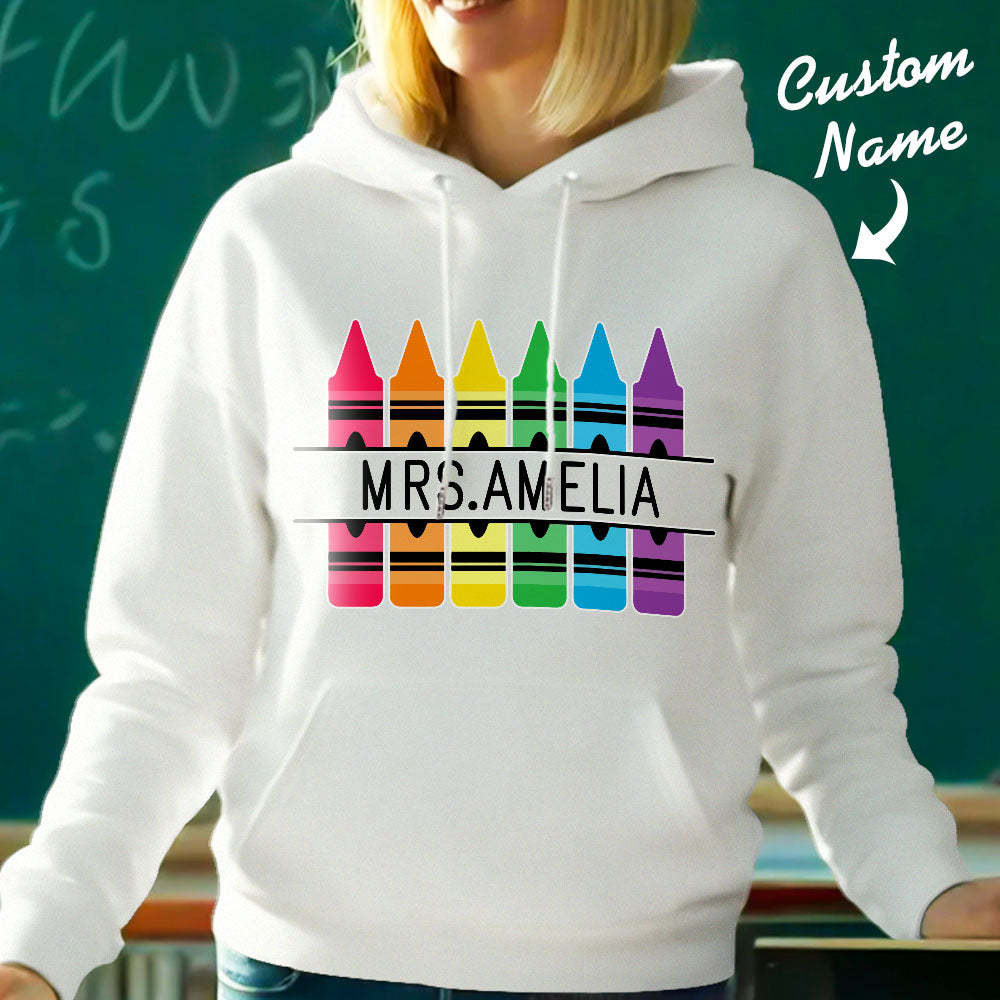 Personalisierter Kapuzenpullover Mit Buntstiftmotiv, Lehrer-kapuzenpullover Mit Individuellem Namen, Geschenkidee Zum Schulanfang - 