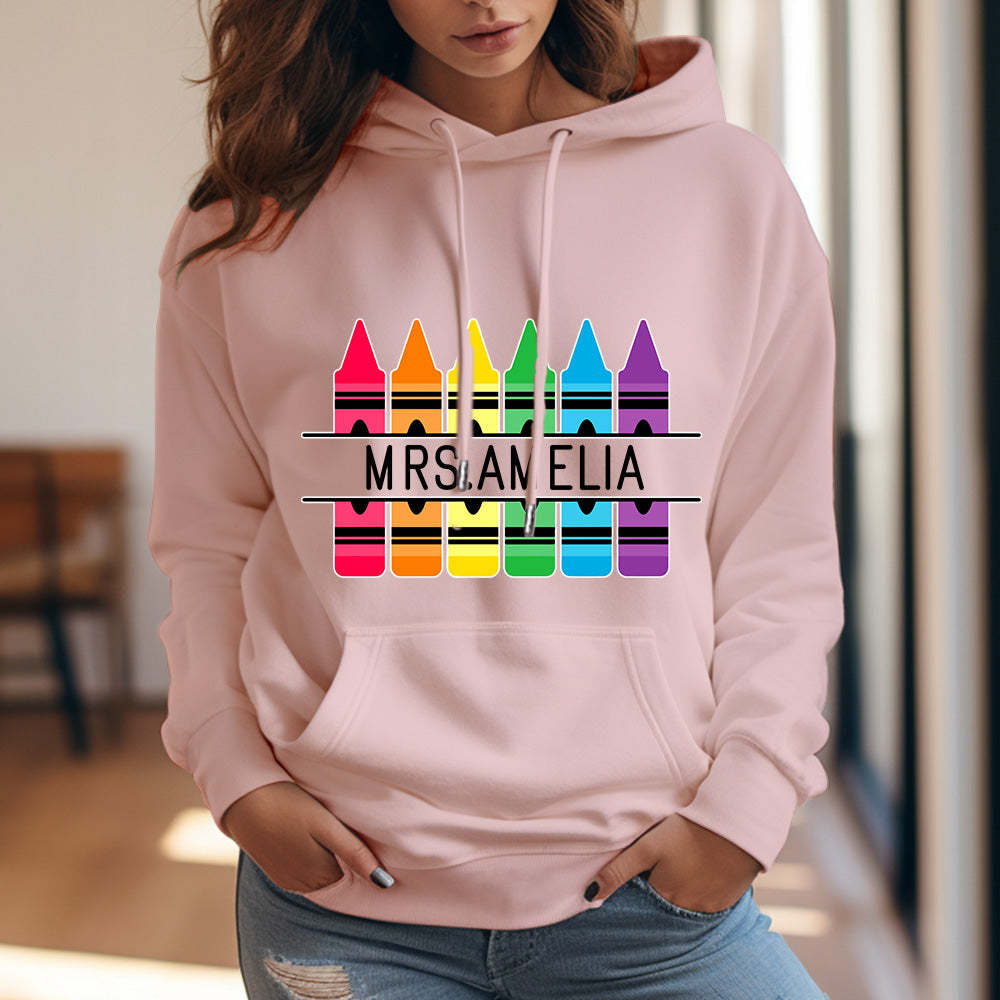 Personalisierter Kapuzenpullover Mit Buntstiftmotiv, Lehrer-kapuzenpullover Mit Individuellem Namen, Geschenkidee Zum Schulanfang - 