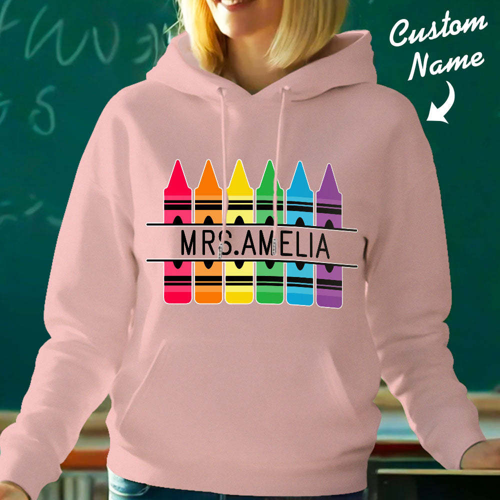 Personalisierter Kapuzenpullover Mit Buntstiftmotiv, Lehrer-kapuzenpullover Mit Individuellem Namen, Geschenkidee Zum Schulanfang - 
