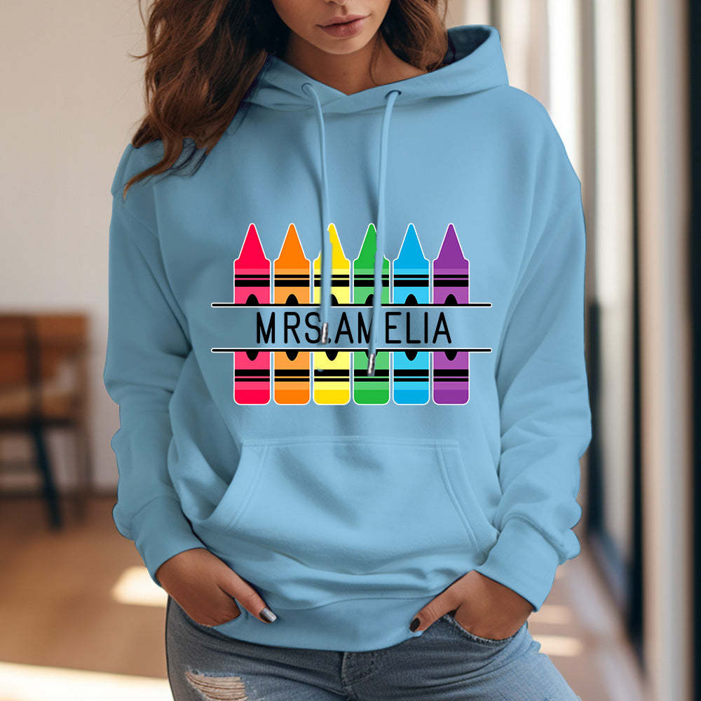 Personalisierter Kapuzenpullover Mit Buntstiftmotiv, Lehrer-kapuzenpullover Mit Individuellem Namen, Geschenkidee Zum Schulanfang - 