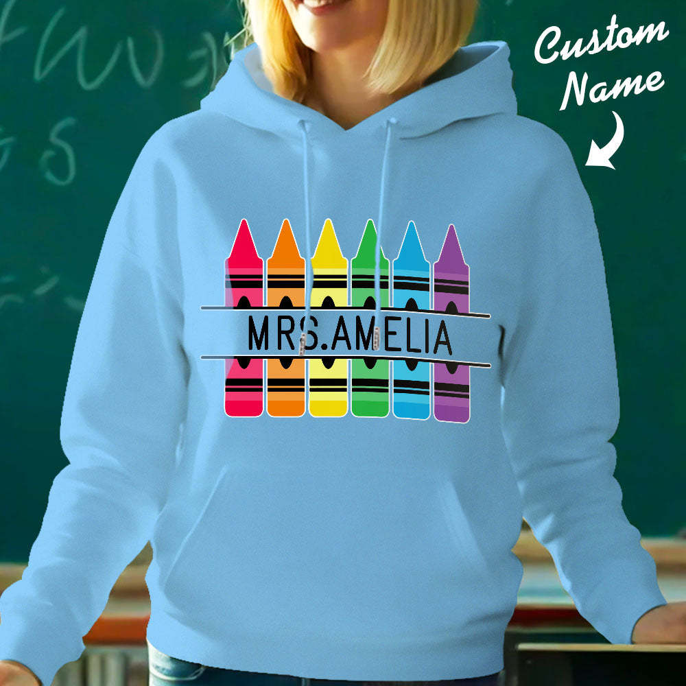 Personalisierter Kapuzenpullover Mit Buntstiftmotiv, Lehrer-kapuzenpullover Mit Individuellem Namen, Geschenkidee Zum Schulanfang - 