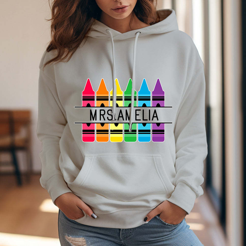 Personalisierter Kapuzenpullover Mit Buntstiftmotiv, Lehrer-kapuzenpullover Mit Individuellem Namen, Geschenkidee Zum Schulanfang - 