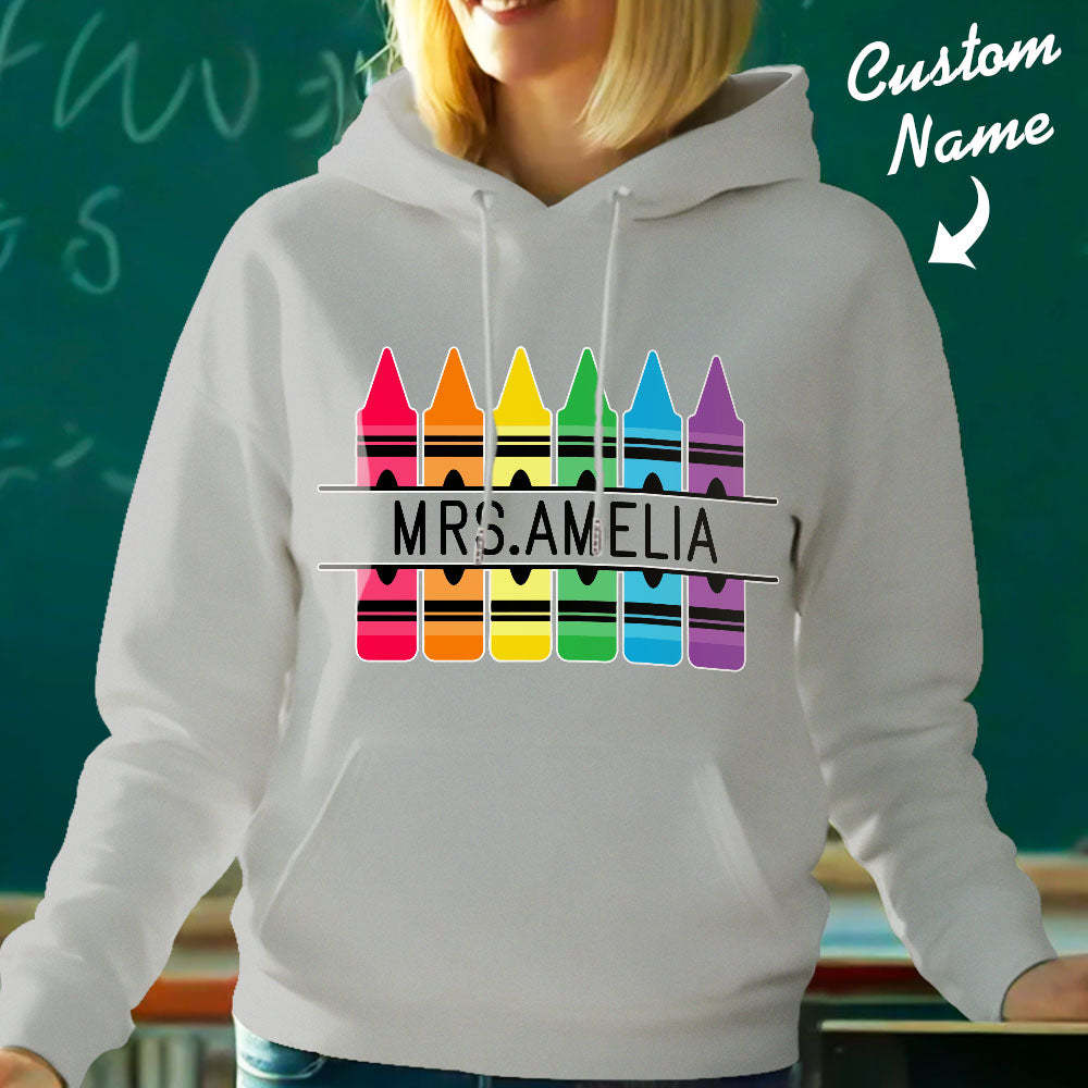 Personalisierter Kapuzenpullover Mit Buntstiftmotiv, Lehrer-kapuzenpullover Mit Individuellem Namen, Geschenkidee Zum Schulanfang - 