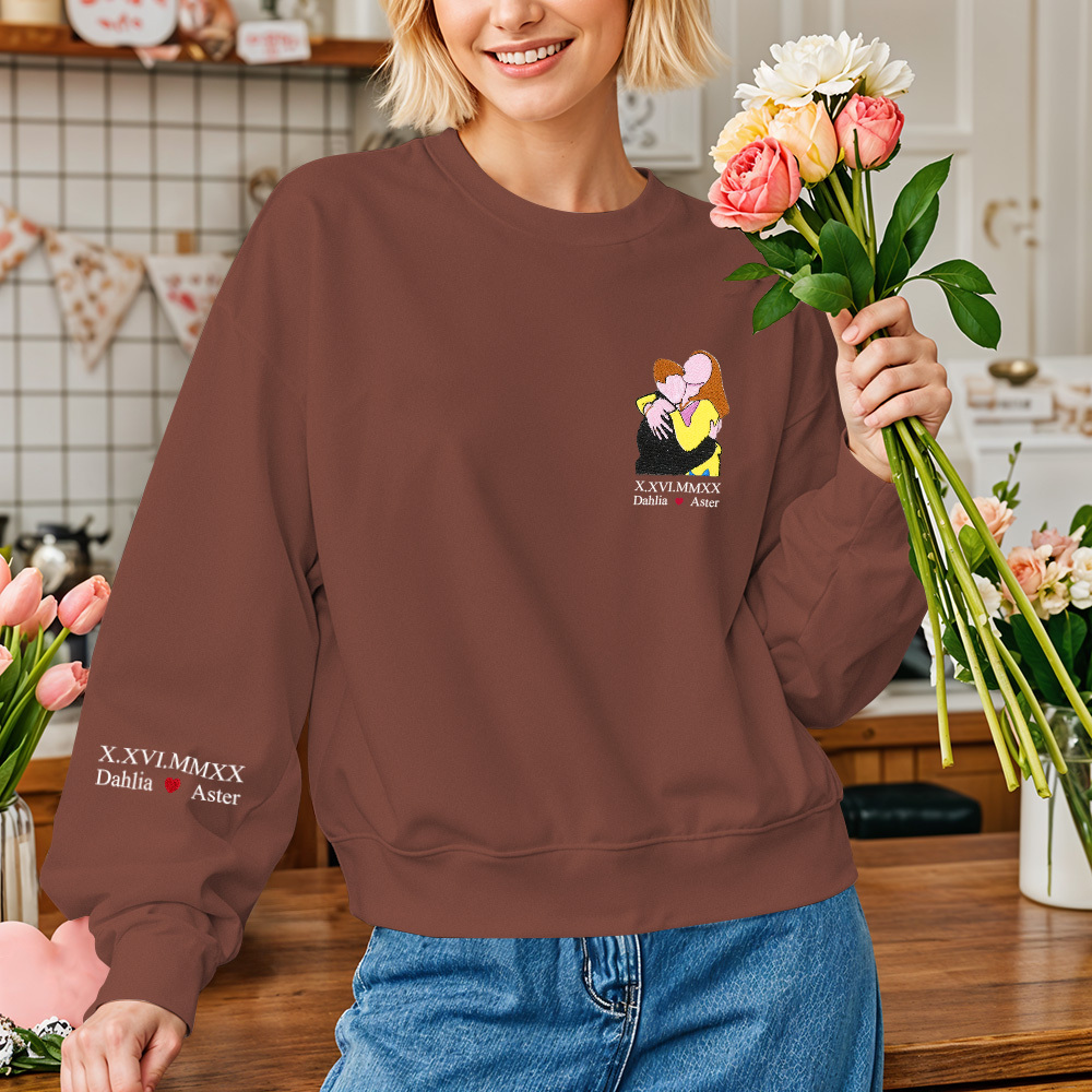 Individuell Besticktes Sweatshirt In Farbe – Porträt Eines Paares/vaters/mama – Familiengeschenk - 