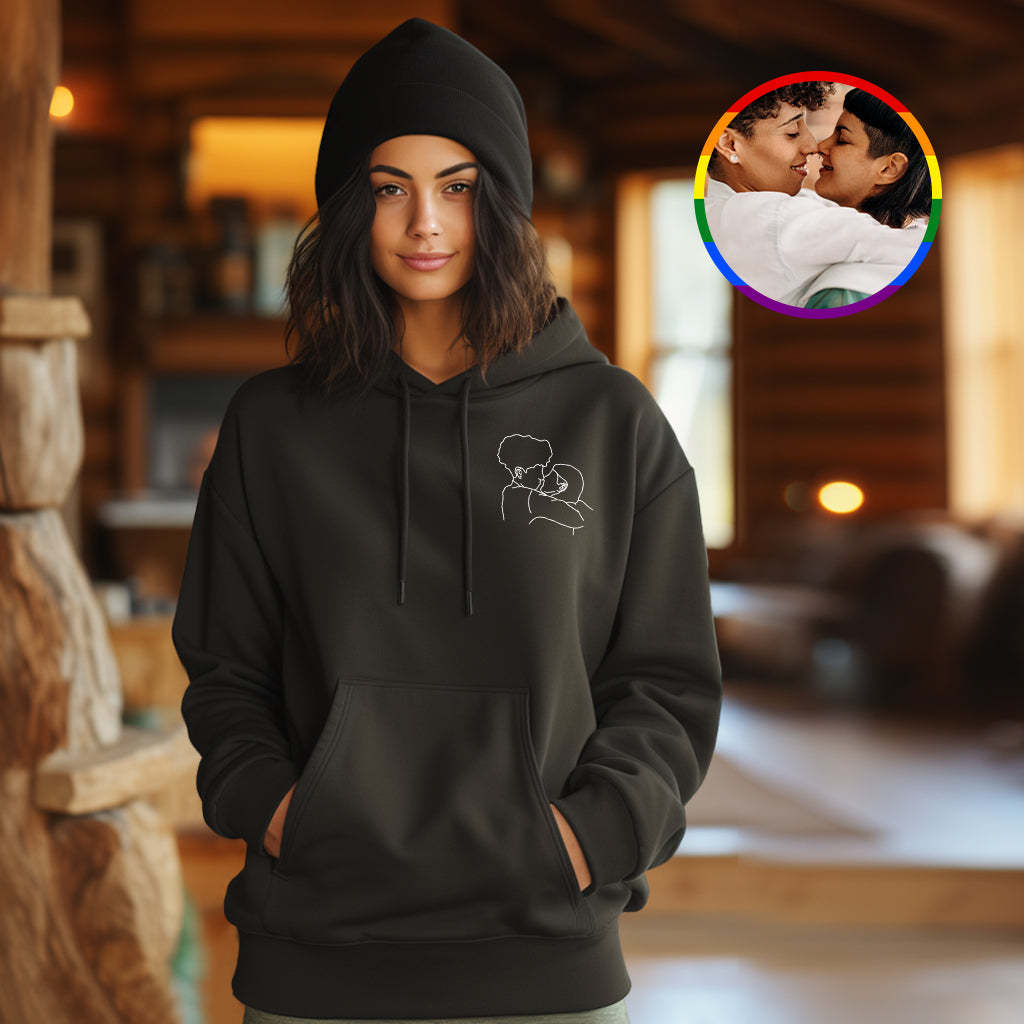 Individuell Besticktes Taschenporträt Nach Fotoumriss, Personalisierter Foto-paar-hoodie, Geschenk Für Den Freund - 
