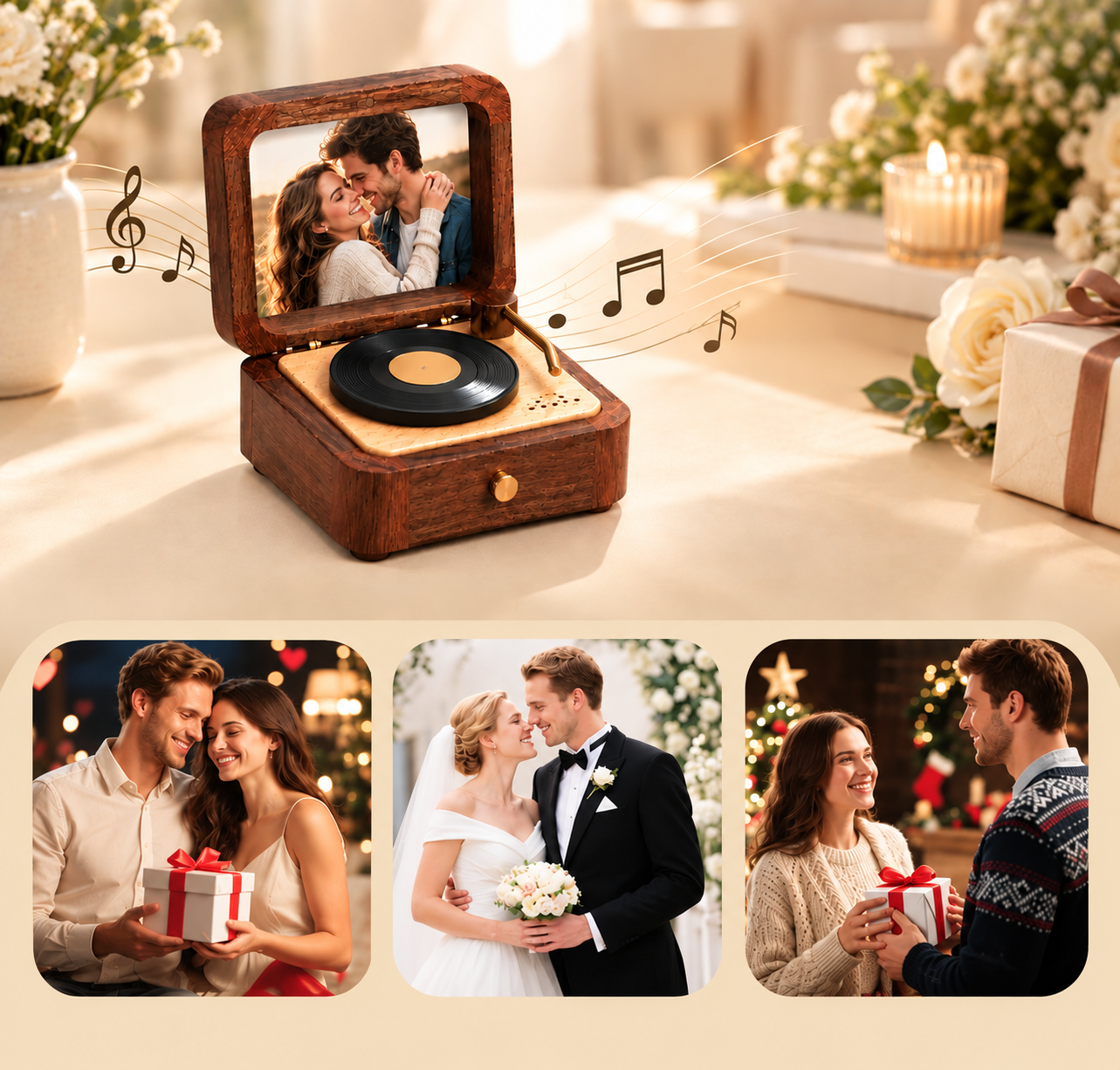 Personalisierte Schallplattenspieler-Spieluhr Aus Holz Mit Foto Und Gravur – Das Perfekte Geschenk Zum Jahrestag Oder Zur Hochzeit Für Paare - 