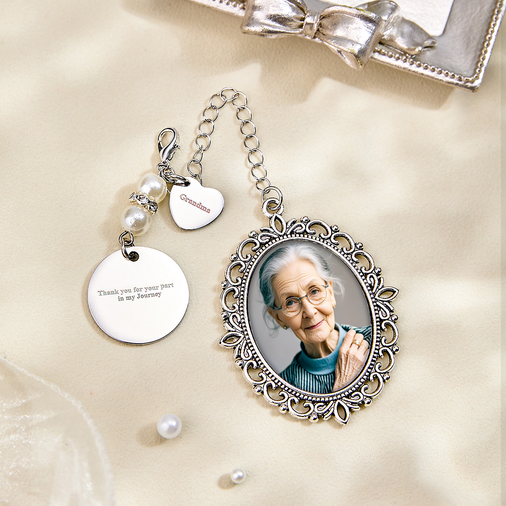 Personalisierter Foto-blumenstrauß-charm Mit Herz-anhänger, Erinnerungsgeschenk Für Die Braut