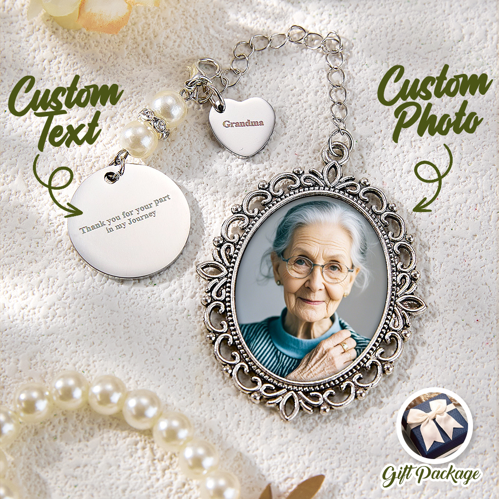 Personalisierter Foto-blumenstrauß-charm Mit Herz-anhänger, Erinnerungsgeschenk Für Die Braut
