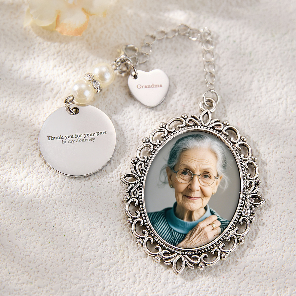 Personalisierter Foto-blumenstrauß-charm Mit Herz-anhänger, Erinnerungsgeschenk Für Die Braut