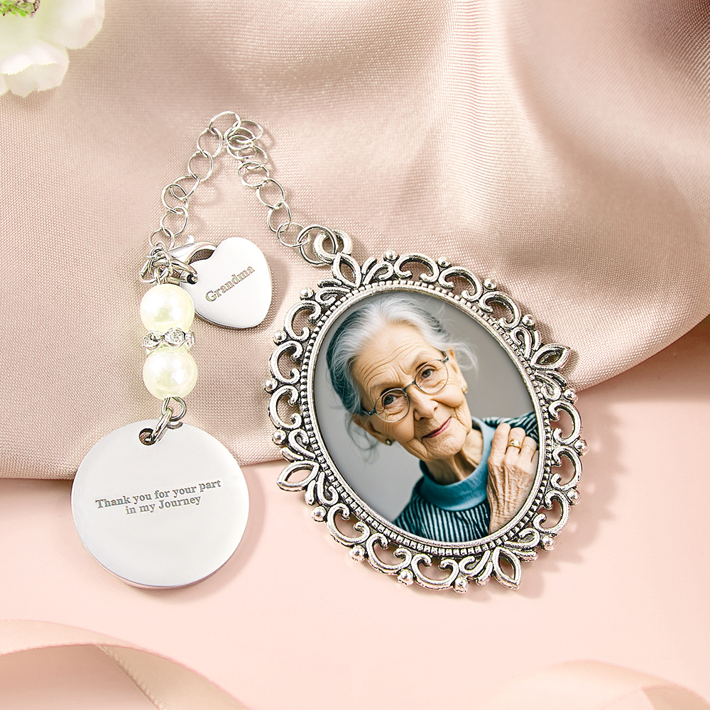 Personalisierter Foto-blumenstrauß-charm Mit Herz-anhänger, Erinnerungsgeschenk Für Die Braut