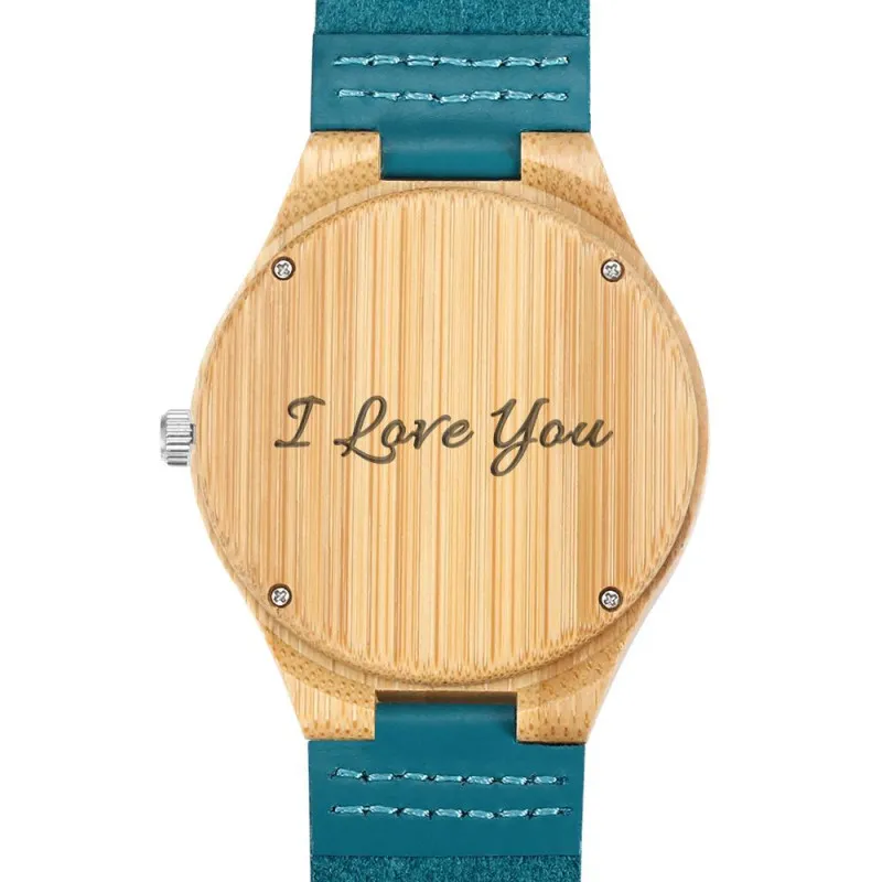 Herrenuhr Aus Holz Mit Fotogravur Und Blauem Lederarmband – Bambus -