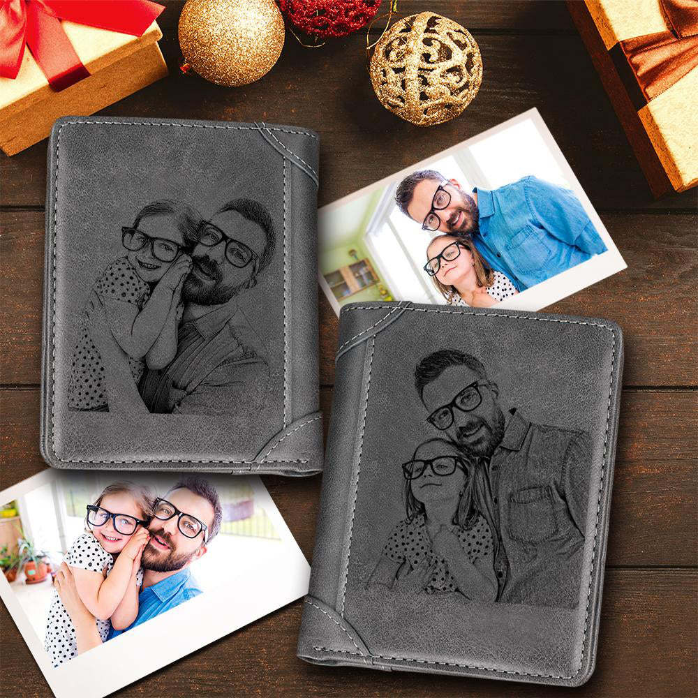 Benutzerdefinierte Kurze Doppelseitige Fotogravur Brieftasche Graues Leder